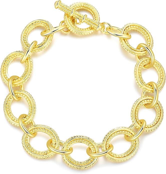 Mytys Chunky Chain Link Bracelet Two-Tone Mixed Metal Textured Toggle Clasp Statement Bangle Bracelet Jewelry for Women Fashion