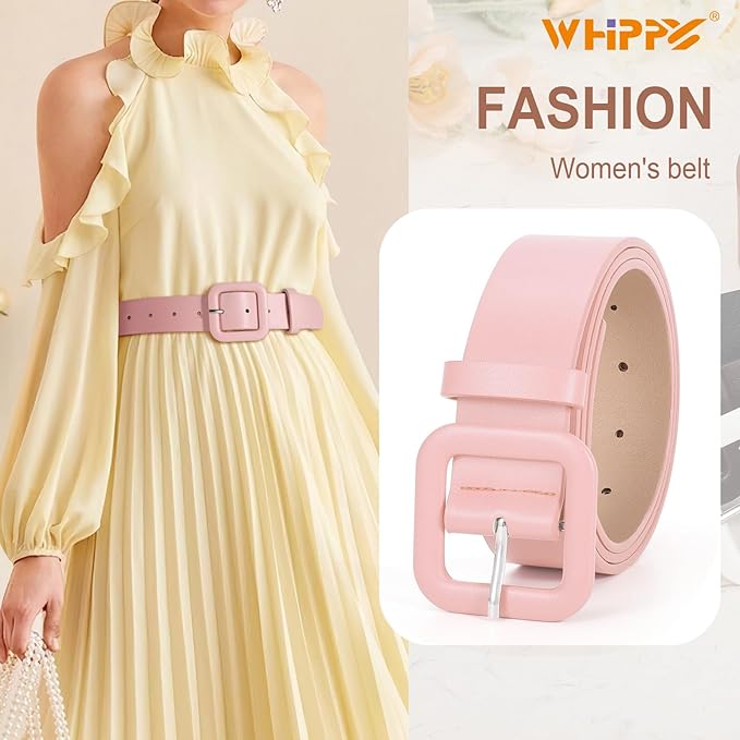 WHIPPY Women Leather Belt Candy Color Fashion Square Buckle Belt Ladies Belt for Jeans Pants Dresses