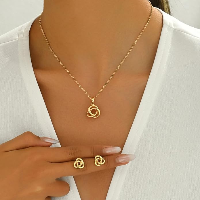 Hebelee Minimalist Love Knot Stud Earrings and Necklace Jewelry Set for Women Gold-Toned Simple Circle Knot Pendant Necklaces Adjustable Link Chain Dainty Studs Earring for Wedding Anniversary