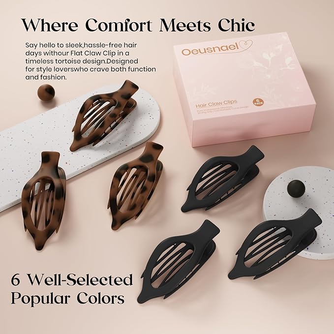6 PCS Large Flat Hair Clips for Women, French Concord Lay Down Claw Clips for Thick Thin Hair, Comfortable Curved Side Clips, Matte Non-slip Strong Hold Hair Accessories, Tortoise & Black