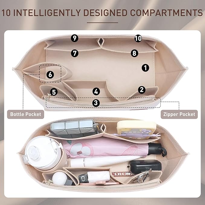 Doxo Purse Organizer Insert, Felt Bag Tote Fit L Speedy 30 Neverfull PM & Base Shaper 2pc Set (Medium-Beige-Combination)