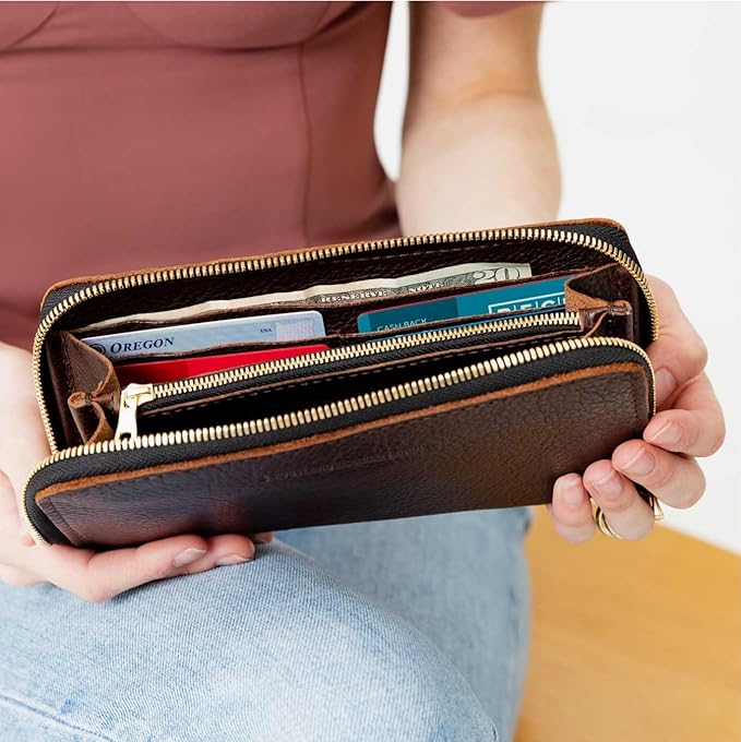 Portland Leather Goods Women's Accordion Zip Wallet – Handcrafted in Durable, Full-Grain Leather – 8 Card Slots & Secure Zippered Pocket – Coldbrew