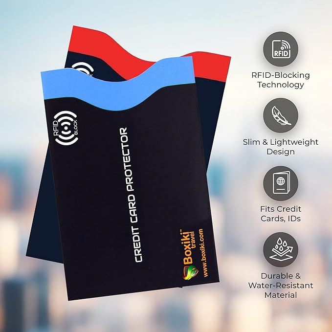 Boxiki Travel RFID Blocking Sleeves, Set with Color Coding | Identity Theft Prevention RFID Blocking Envelopes Set of 12 Credit Card Sleeves (Navy Blue) | Set of 12