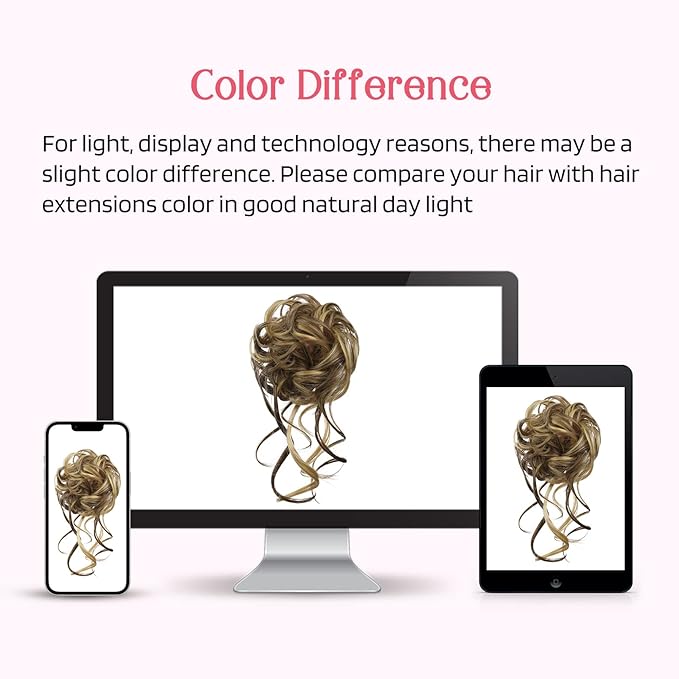 HOOJIH Messy Bun Hair Piece, 2PCS Tousled Updo with Tendrils Bun Extensions Wavy Curly Hair Wrap Ponytail Hairpieces Scrunchies for Women HB010 Dasiy - Medium Brown with Blonde Highlights