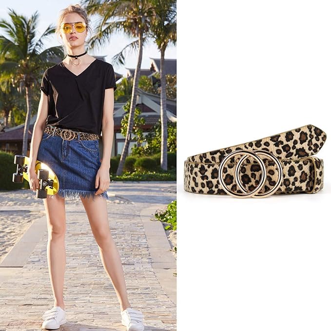 UnFader Pack 2 Women Belts for Jeans with Fashion Double O-Ring Buckle and Faux Leather