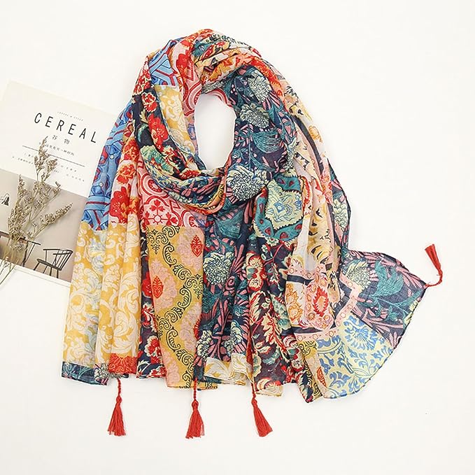YOUR SMILE Large Boho Scarf for Women Lightweight Floral Printed Scarves Fall Winter Fashion Fringed Shawl wraps