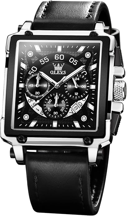 OLEVS Men's Casual Leather Watch, Big Face Chronograph Watch for Men, Fashion Easy to Read Dress Watch, Men's Waterproof Luminous Date Analog Watch, Gold/Black/White/Blue Dial