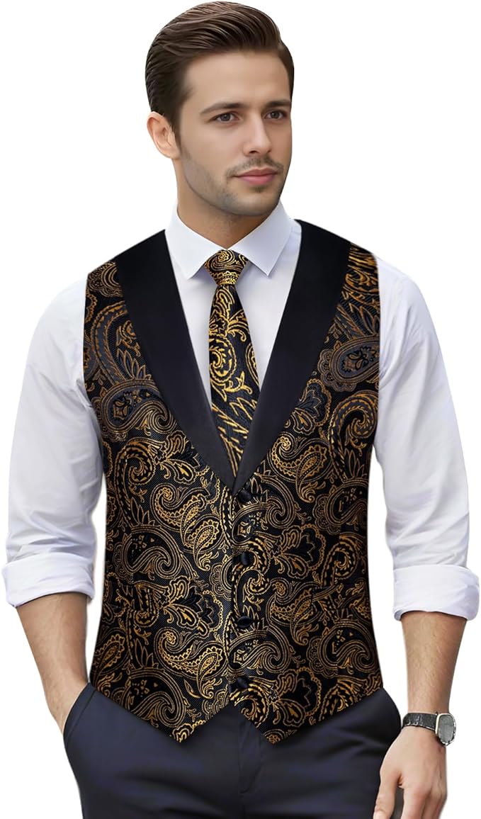 DiBanGu Mens Paisley Suit Vest Silk Jacquard Waistcoat and Necktie Set Formal Shawl Collar Dress Vest 7PCS for Wedding Party