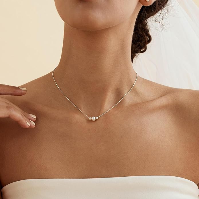 Valentines Day Gifts for Her - 14K Gold Plated Pearl Necklaces for Women Trendy Dainty Necklace Simple Layered Pearl Necklaces for Women Trendy Wedding Birthday Valentines Jewelry