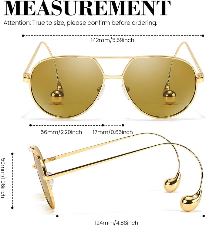 SODQW Trendy Aviator Sunglasses for Women with Earring Gold Metal Frame Fashion Sun Glasses