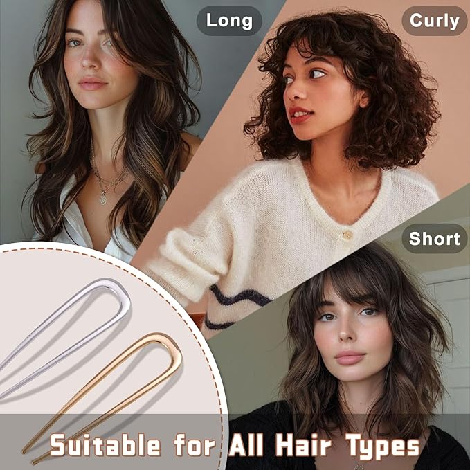 2Pcs French Hair Pins for Thick Hair, Metal French Twis Hair Pins for Women Girls, U-Shaped French Pin for Buns, 5.1 Inches Large French Pins (Silver, Gold)