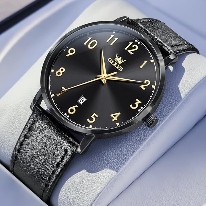 OLEVS Mens Watches, Casual Leather Watches for Men Easy to Read Quartz Number Watch with Date Waterproof Blue/Black/Silver Face Men's Wrist Watches…