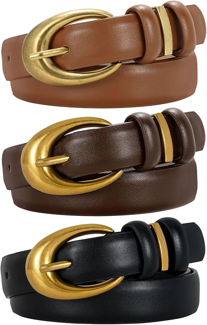 TRIWORKS 3 Pack Women Leather Belt for Jeans Pants Fashion Ladies Faux Leather Belt with Gold Buckle