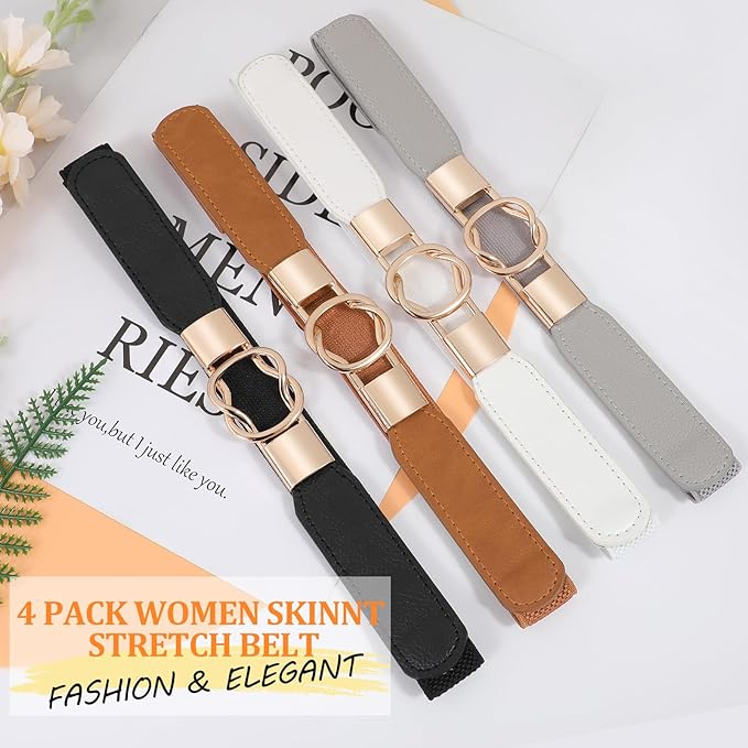 WERFORU Women Skinny Belt for Dresses Retro Stretch Waist Belt with Gold Buckle Set of 4