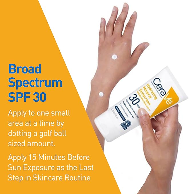CeraVe 100% Mineral Sunscreen SPF 30 with Zinc Oxide & Titanium Dioxide, Hyaluronic Acid & Ceramides, Oil Free, Non-Greasy, Hydrating Mineral Sunscreen For Body, 5 oz