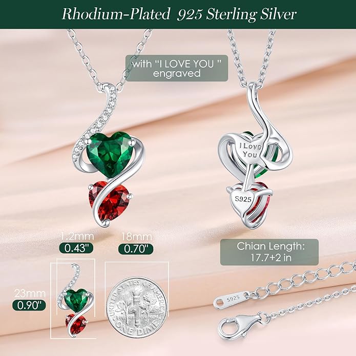 LOUISA SECRET Unique Double Heart Necklace Gifts for Wife Women, 925 Sterling Silver Tiny Birthstone Pendant Jewelry Gift for Her Girlfriend Mom Valentine's Day Anniversary Mother's Day Birthdays & Christmas
