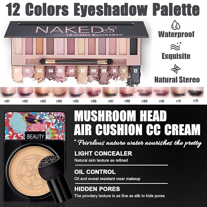 All in One Makeup Kit for Women Full Kit, Make Up Gift Set for Women Teens Girls, Includes Eyeshadow Foundation CC Lipstick Mascara Brush Sponge Brow Powder Soap Eyeliner Primer Contour Cosmetic Bag