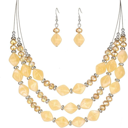 3 Layered Chunky Statement Necklace for Women Beaded Strand Necklaces with Earring Fashion Costumes Collar Necklace Jewelry Sets Gifts for Women