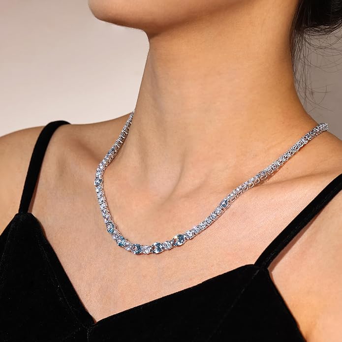 FANCIME Sterling Silver Tennis Necklace 4mm 18 inch Birthstone Necklace with 6 * 8mm Oval Gemstone Luxury Fine Birthday Jewelry Gifts for Women