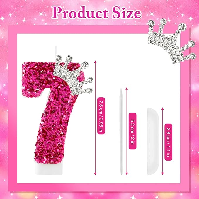 Hot Pink Birthday Candles Crown Number 7 Candle Birthday Party Decorations Cake Topper Cupcake Decor for Anniversary Celebrations Supplies
