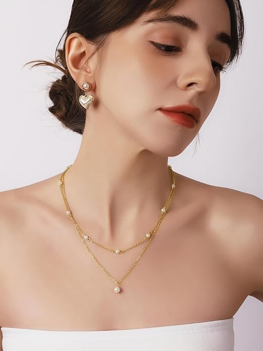 MINACHI Gold Plated Dainty Double Layered Imitation Pearl Chain Necklace for Women, Trendy Simple Minimalist Fashion Jewelry Gift for Women