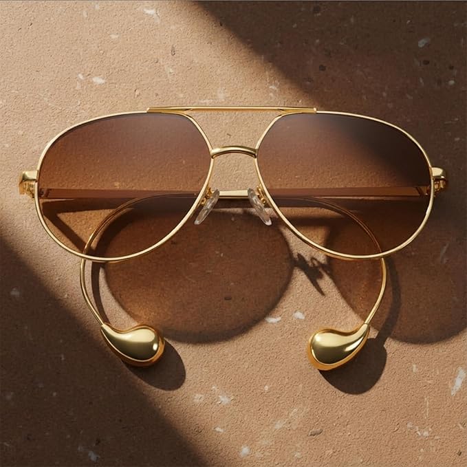 SODQW Trendy Aviator Sunglasses for Women with Earring Gold Metal Frame Fashion Sun Glasses