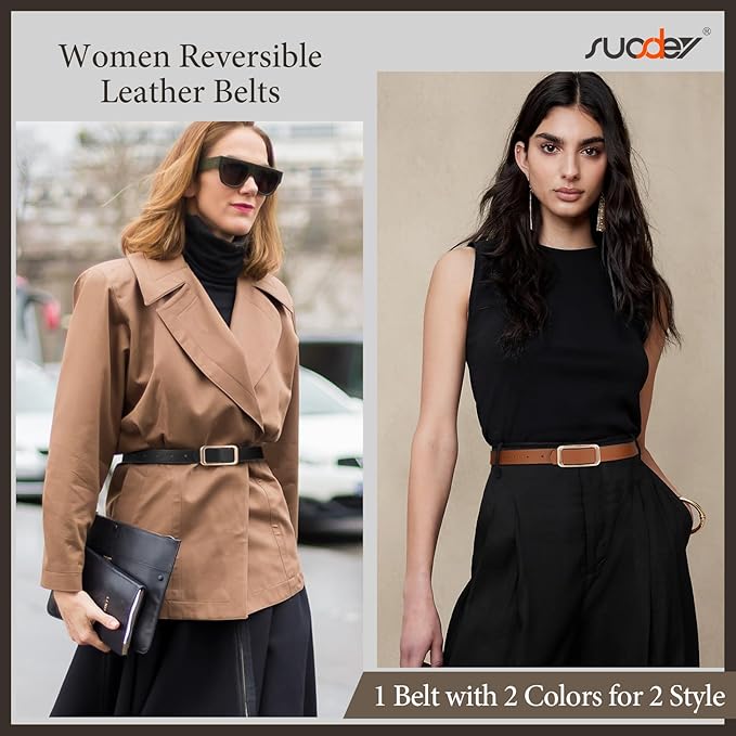 SUOSDEY Women Reversible Leather Belts for Jeans Pants Dresses Ladies Fashion Belts with Gold Buckle, 0.9" Width