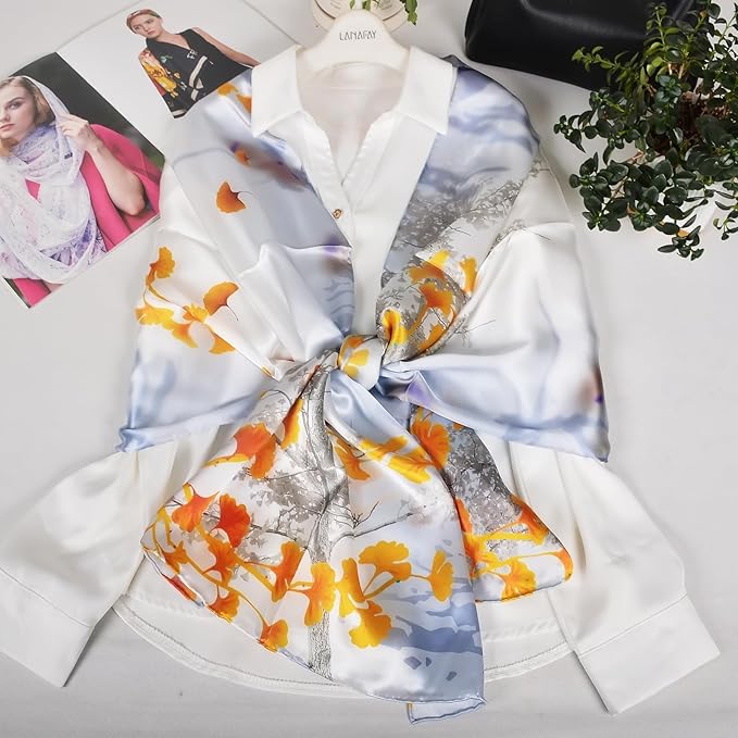 100% Mulberry Silk Scarf for Women Neck Oblong Headscarves Long Floral Print Lightweight Silk Wraps Shawls 67"*20"