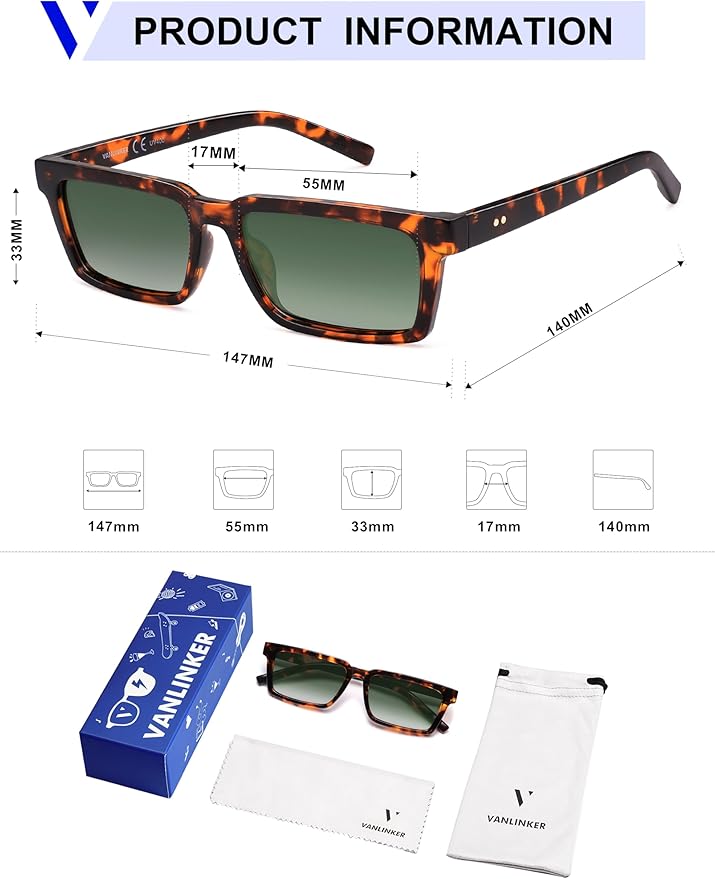 VANLINKER Retro Rectangular Polarized Sunglasses for Women Men Trendy Small Chic 80s 90s Square Sun Glasses VL9877