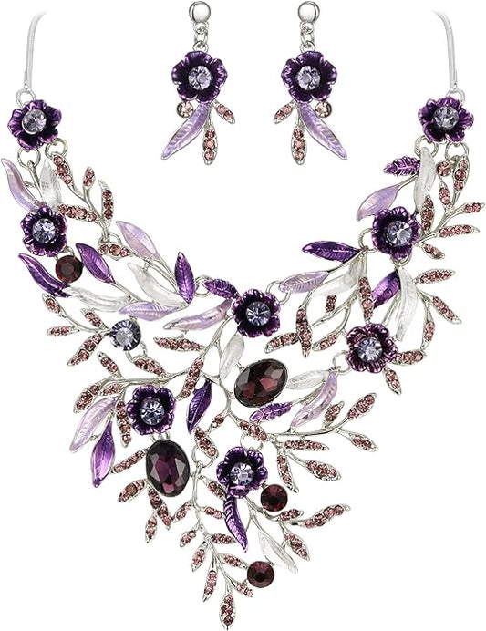 BriLove Wedding Bridal Leaf Cluster Jewelry Set for Women Crystal Flower Enamel Statement Necklace Dangle Earrings