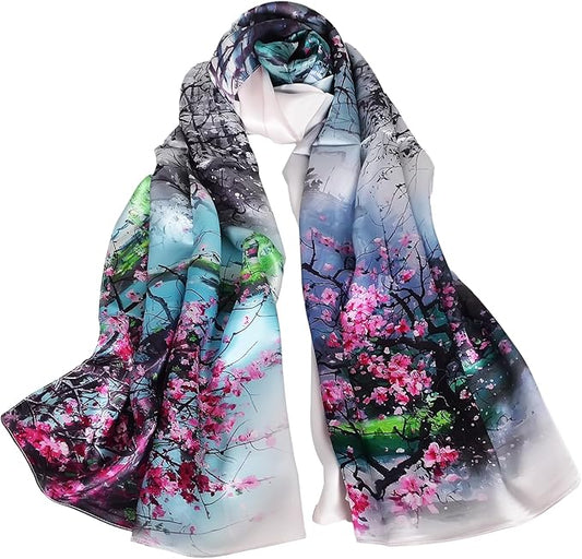 100% Mulberry Silk Scarf for Women Neck Oblong Headscarves Long Floral Print Lightweight Silk Wraps Shawls 67"*20"