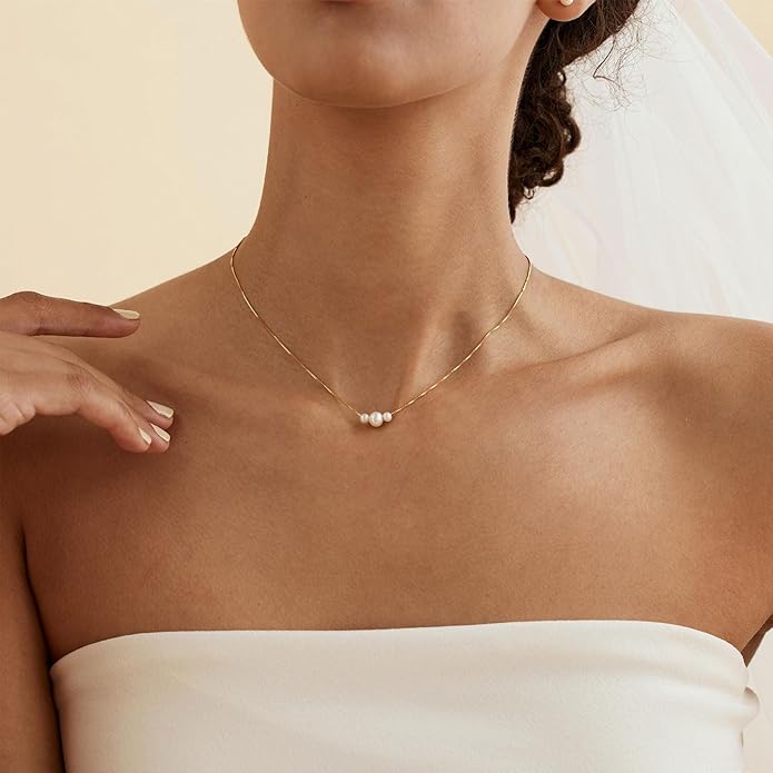 Valentines Day Gifts for Her - 14K Gold Plated Pearl Necklaces for Women Trendy Dainty Necklace Simple Layered Pearl Necklaces for Women Trendy Wedding Birthday Valentines Jewelry