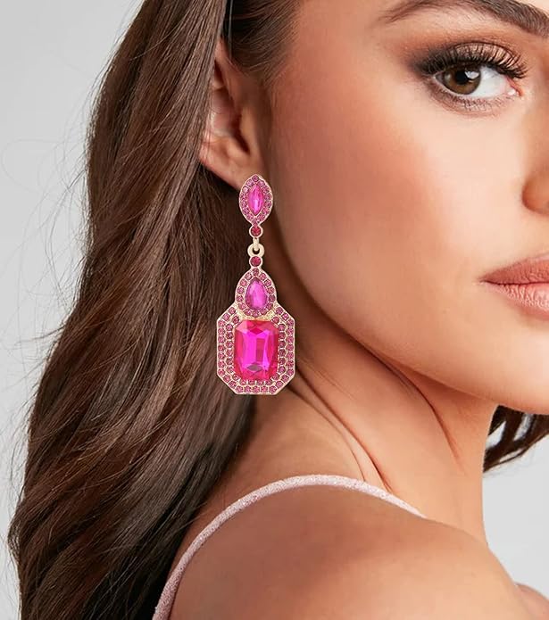 Vintage Rhinestone Dangle Statement Earrings Colorful Long Crystal Dangling Drop Earring for Women Formal Wedding Prom
