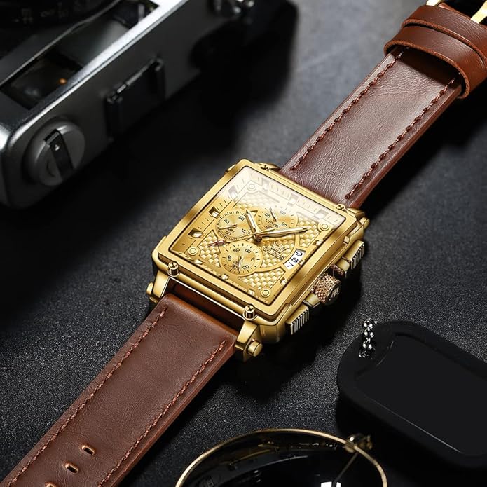 OLEVS Men's Casual Leather Watch, Big Face Chronograph Watch for Men, Fashion Easy to Read Dress Watch, Men's Waterproof Luminous Date Analog Watch, Gold/Black/White/Blue Dial