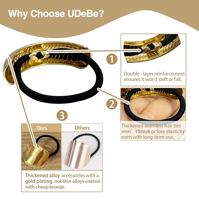 4PCS Golden Metal Hair Ties – No Damage Thick Band, High Elasticity, Durable, Stylish Golden Geometric Ponytail Holders Hair Accessories for Women
