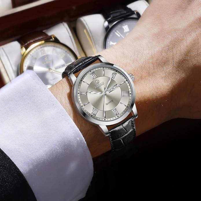 Leather Band Mens Watches with Day Date Quartz Analog Large Face Classic Watch Roman Numerals Dress Luminous Rlojes para Hombres