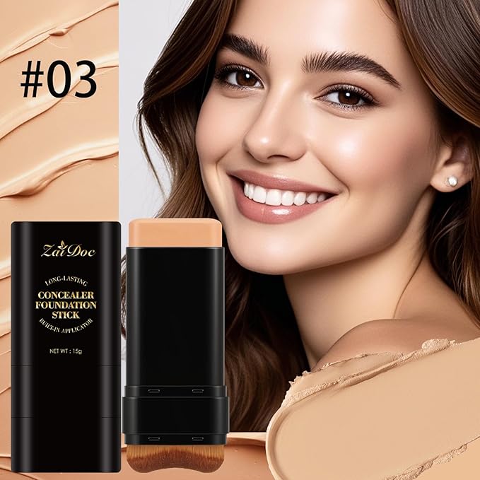 Concealer Foundation Stick, 2-in-1 Long-Lasting Foundation and Concealer with Brush, Creamy Full Coverage for Dark Circles & Blemishes, Hydrating Olive & Camellia, 2.09 Oz (03#)