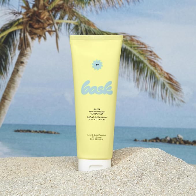 Bask Suncare SPF 30 Sheer Moisturizing Sunscreen Lotion - Broad Spectrum UVA/UVB Protection, Dermatologist Recommended, Hydrating, Lightweight & Non-Greasy, No White Cast, Travel Size, 3.4 fl oz