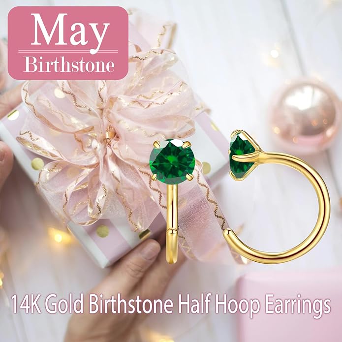 14K Gold Birthstone Huggie Half Hoop Earrings for Women,Round-cut Created Gemstone Minimalist Tiny Earring(4MM*2) Anniversary Birthday Mother's Day Jewelry for Mom Her