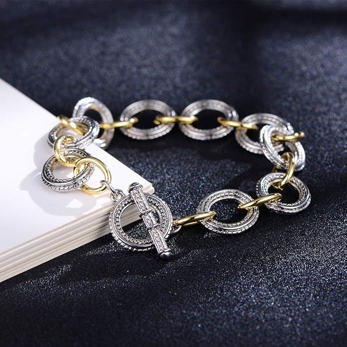 Mytys Chunky Chain Link Bracelet Two-Tone Mixed Metal Textured Toggle Clasp Statement Bangle Bracelet Jewelry for Women Fashion