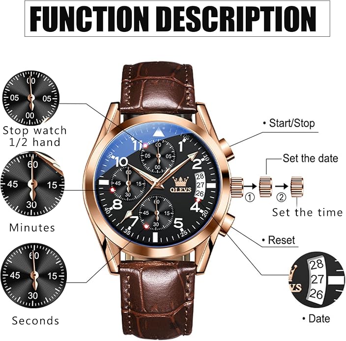 OLEVS Men's Watches Brown Leather with Date,Casual Watches for Men,Large Face Watches Men,Chronograph Mens Watch,Sport Waterproof Business Dress Analog Quartz Men's Wrist Watches Reloj De Hombre