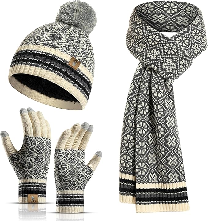 Womens Winter Beanie Hat Long Scarf and Touchscreen Gloves 3Pieces Fleece Lined Skull Caps with Pompom Neck Scarves Set