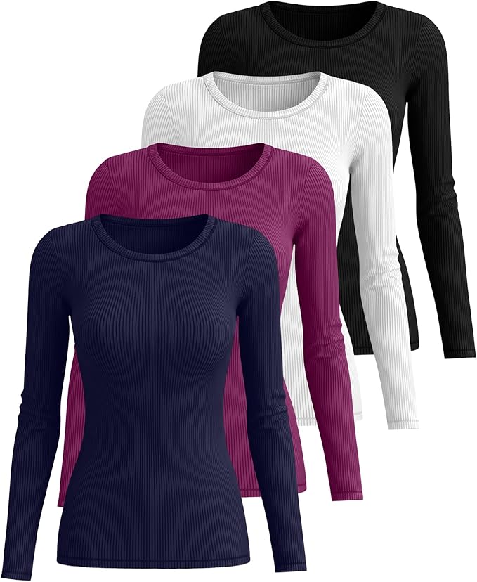Neer 4 Pack Women's Ribbed Long Sleeve Shirts, Cotton Crew Neck Slim Fit Tops Stretch Knit Casual Base Layer Basic Tee Shirts
