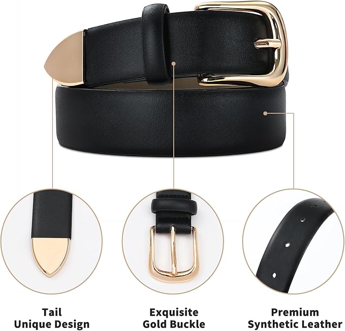 Women's Leather Belts with Gold Buckle Fashion Leather Waist Belt Elegant Ladies Belts for Jeans Dress & Casual Wear