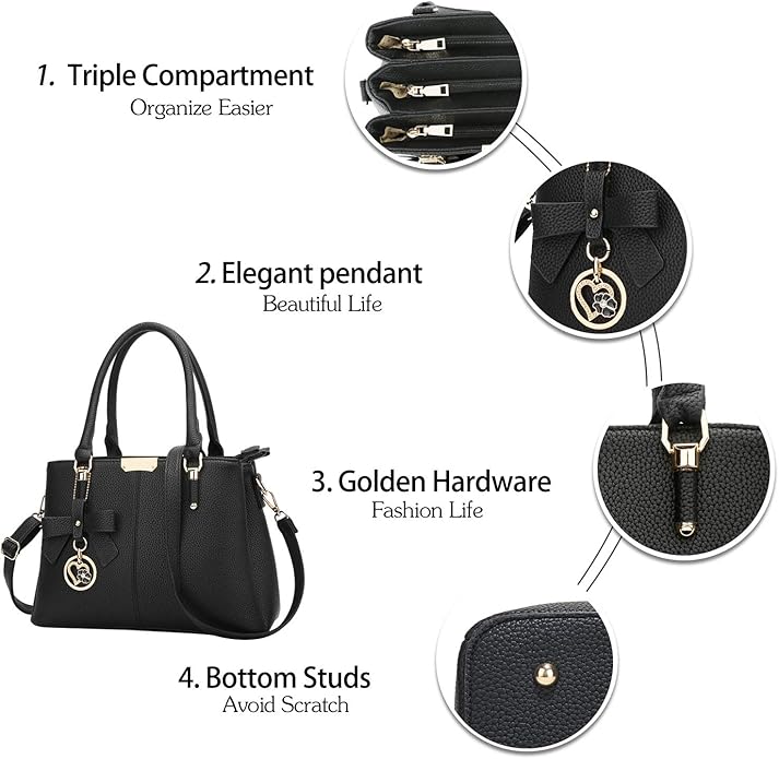 KKXIU 3 Zippered Compartments Purses and Handbags for Women Top Handle Satchel Shoulder Ladies Bags
