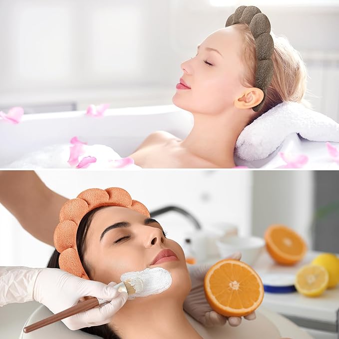 Terry Cloth Spa Headbands for Washing Face, Set of 2, Dark Khaki + Orange, Absorbent, Soft, Comfortable, Makeup Headbands for Face Washing, Mask