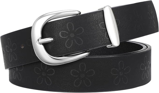 SANSTHS Womens Belt for Jeans Pants Dresses with Alloy Buckle, Floral Print Belt for Women with Unique Print Design