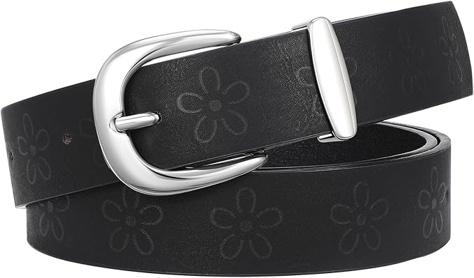 SANSTHS Womens Belt for Jeans Pants Dresses with Alloy Buckle, Floral Print Belt for Women with Unique Print Design