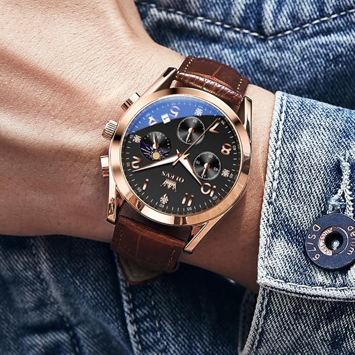 OLEVS Men's Watches Brown Leather with Date,Casual Watches for Men,Large Face Watches Men,Chronograph Mens Watch,Sport Waterproof Business Dress Analog Quartz Men's Wrist Watches Reloj De Hombre