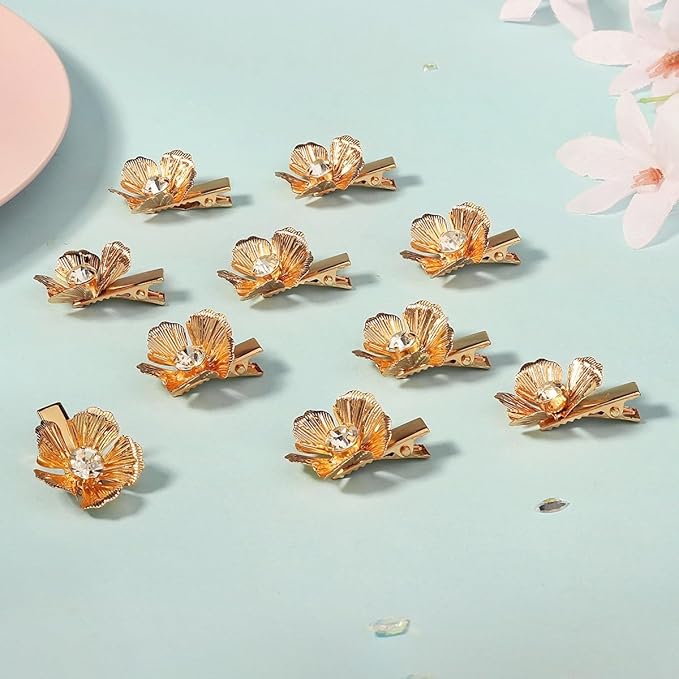 10PCS Small Flower Hair Clips Gold Crystal Hair Barrettes Alligator Hair Clips Floral Headpiece Rhinestone Floral Hair Accessories for Girls Women for Party Prom Birthday